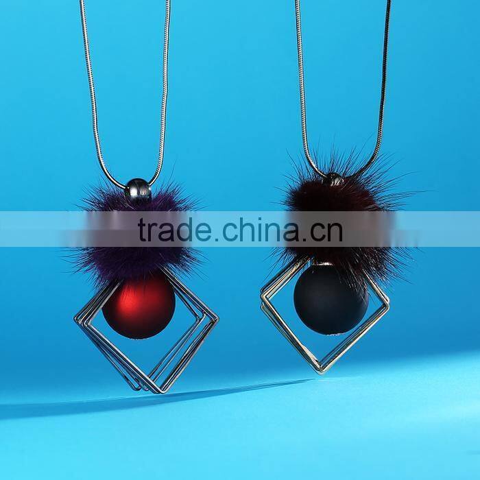 chunky ball metal square pendant necklace winter mink fur ball pendant necklace geometric sweater necklace