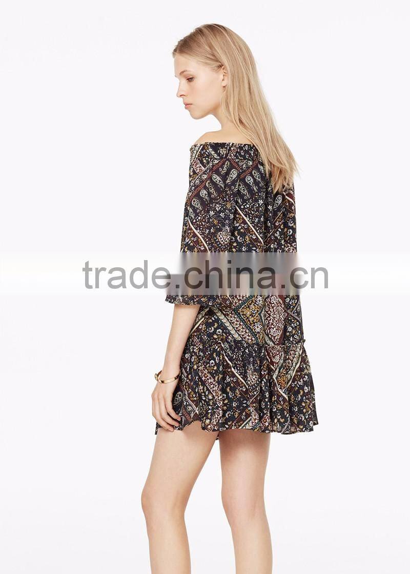 ladies printed chiffon off shoulder dress three quarter sleeve