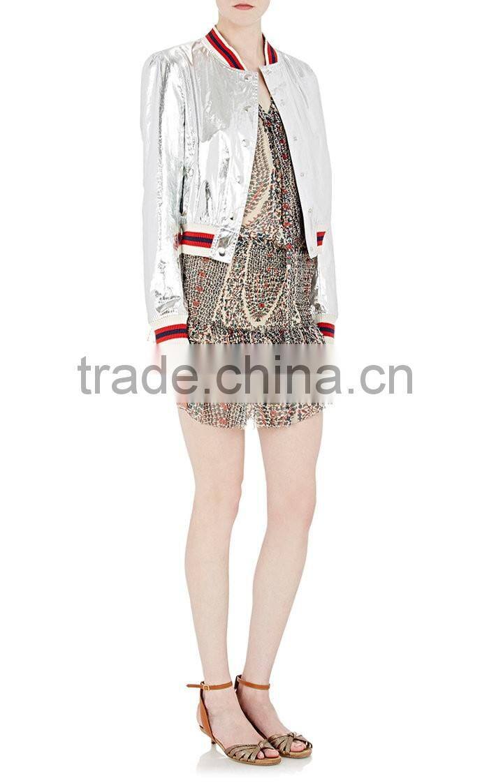oem long sleeves available in silver dry clean shiny silver women jacket