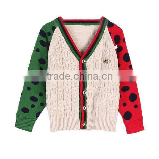 High Quality Contrast Color Cable Knit Boy's V-neck Cardigan Sweater