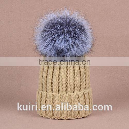 knitted hat with snap silver fox fur ball on top
