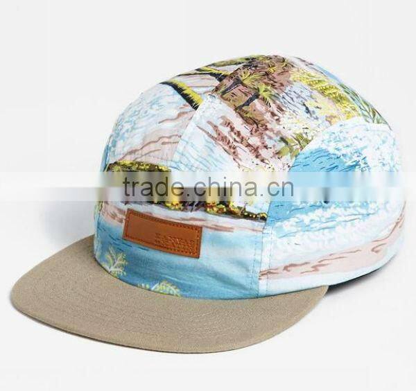 2013 fashion 5 panel caps with leather patch flat bill cap sea and plant