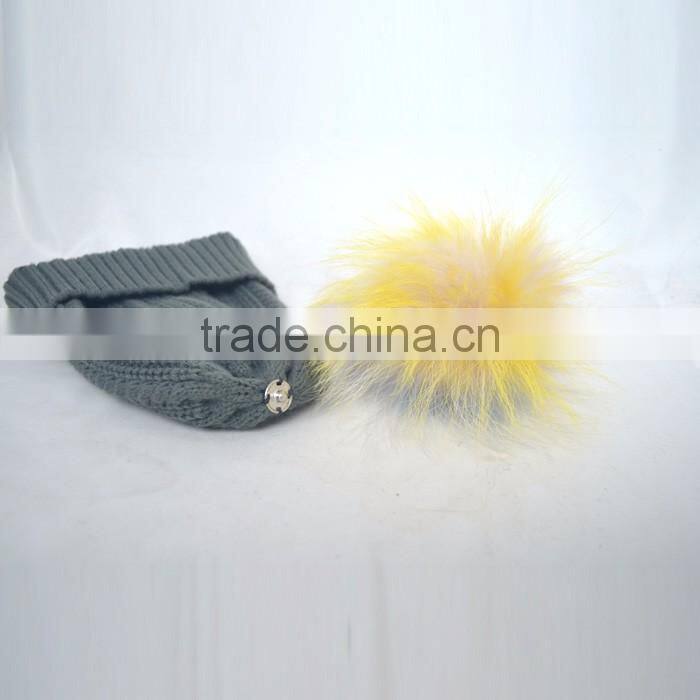 Myfur Grey Color Winter Striped Knitting Cap with Customized Big Fur Pom Pom