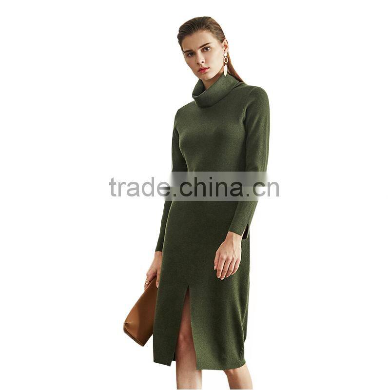 2017 fashion style women green color sweater dress turtleneck side vent sweater
