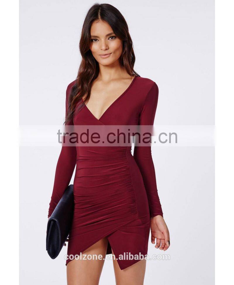 Hot bodycon fit cross over neck wrap dress with hem