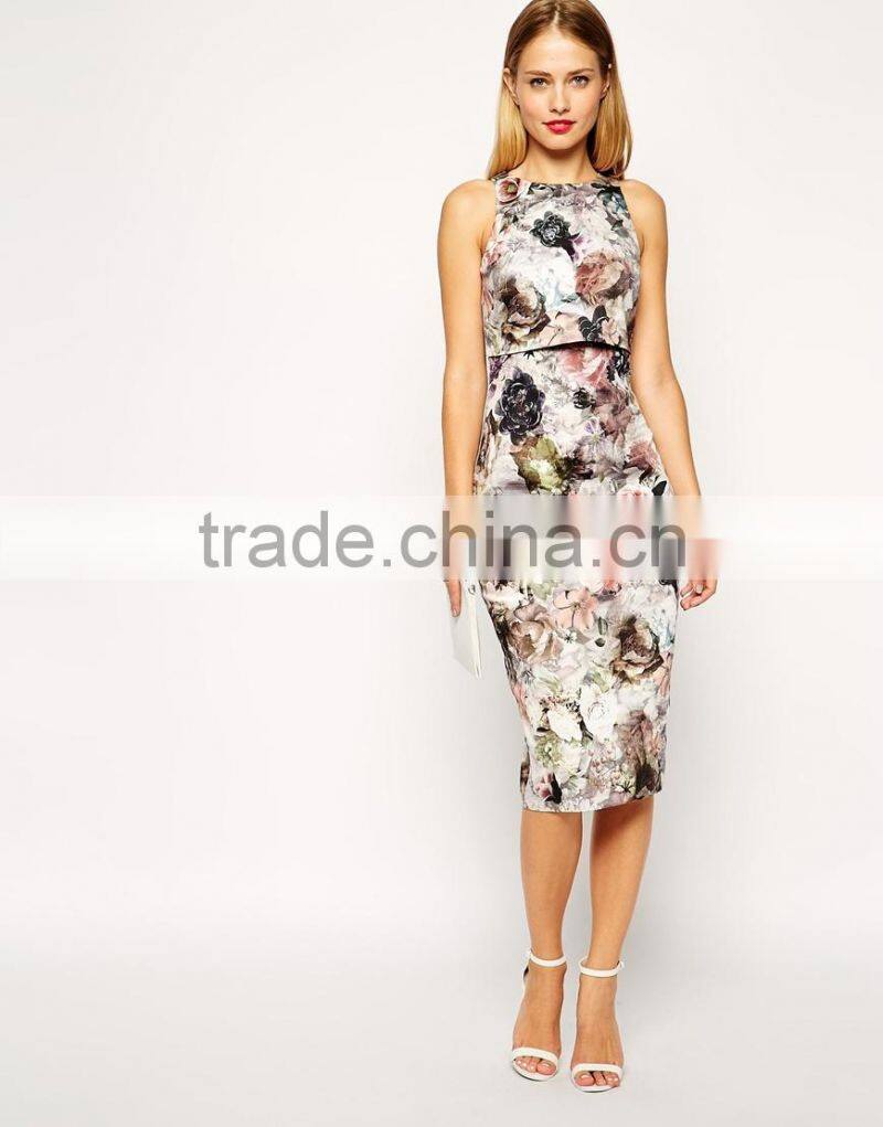 Autumnal Blossom Print Crop Top Midi Pencil Dress