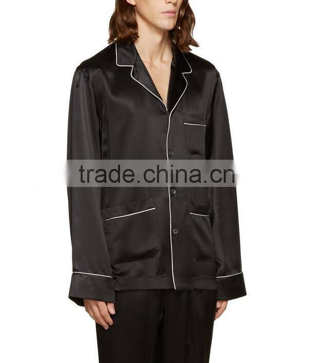 Black with white pipping men silk pajamas wholesale satin night wear