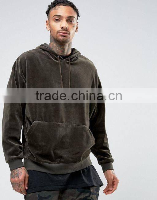 Men's Oversized Velour Hoodie In Khaki