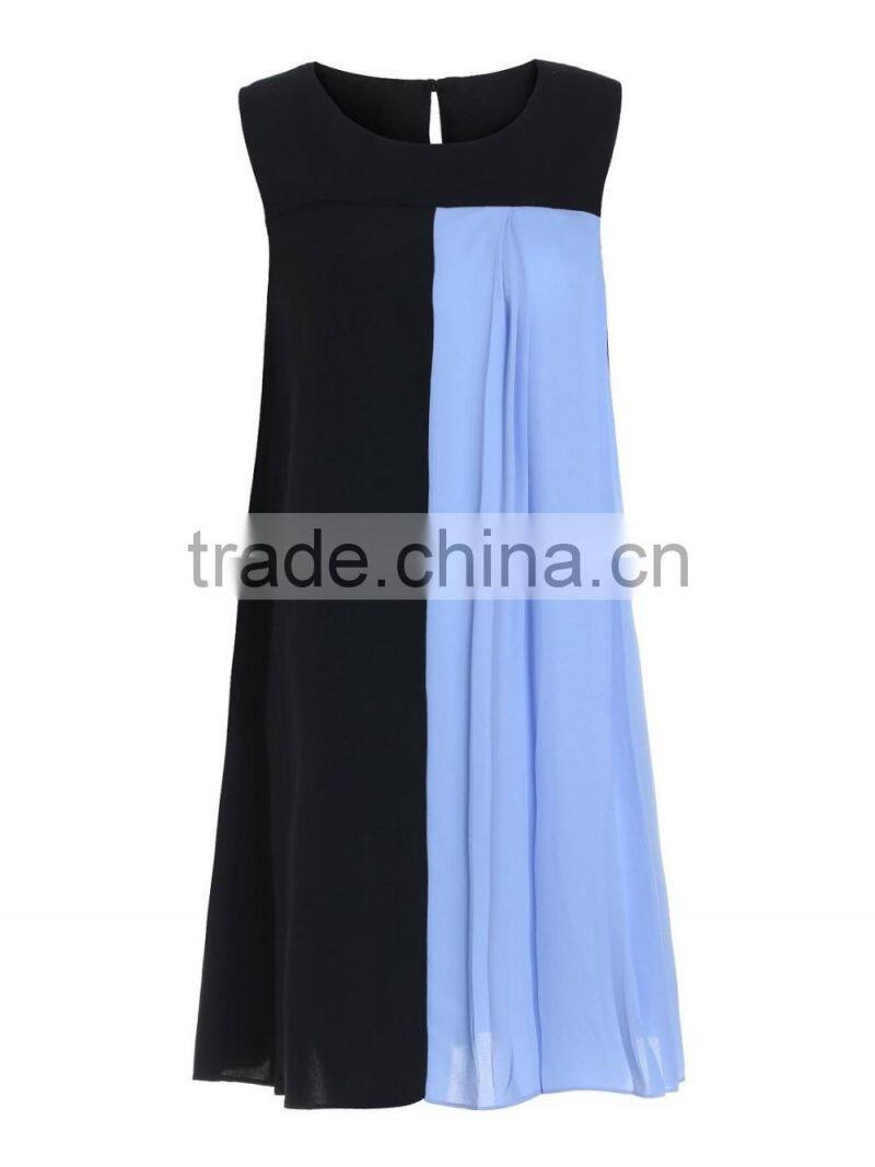 Womens black and blue contrast color chiffon sleeveless simple blank dress