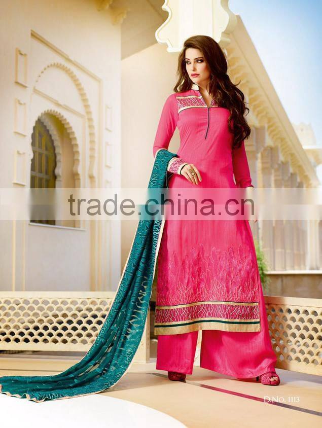 Amazing Deep Pink Color Long Straight Cut Bottom net Border Designer Semi Stitch Salwar Kameez