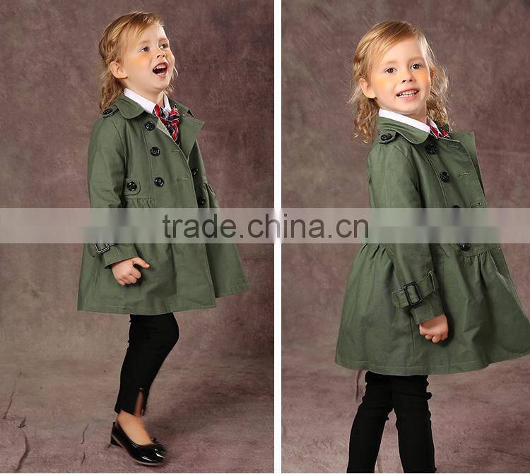 Latest fashion firls clothing double buckle long sleeve girls trench coat