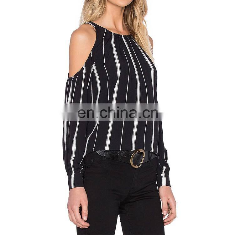 Fashion Cutting Chiffon Blouse Design Black Withe Stripe Cold Shoulder Lady Blouse