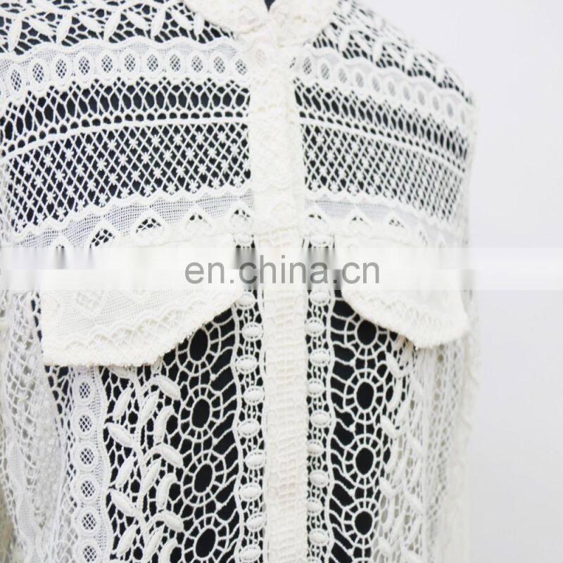 hot exquisite long sleeve button down with fake pocket customerized lace blouse
