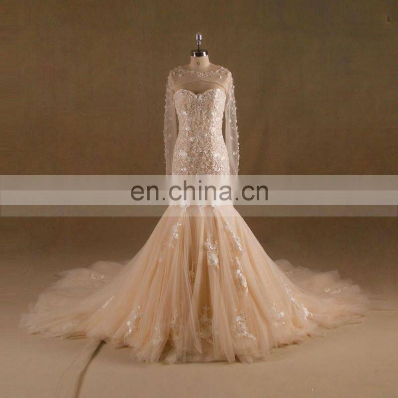 Fairy Heart Neck Mermaid Lace Handmade Flowers Wedding Dress Bottom Tulle With Jacket
