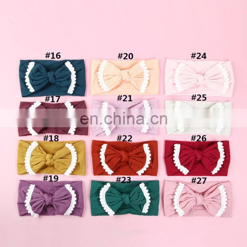 33Colors Kids Solid Nylon Headband with fringe Bow Girls Pom Pom Soft Headwear