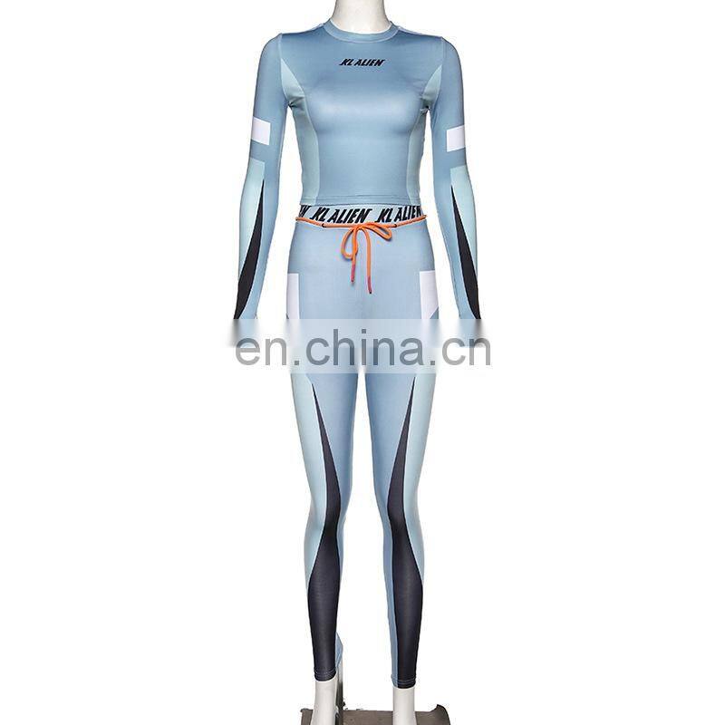 Wholesale printed fitness sportswear yoga suit ladies 2-piece long sleeve crop top leggings sportswear suit