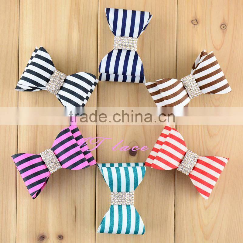 Vertical stripes hair bow - rhinestone hair bow - ribbon hair bow button centre