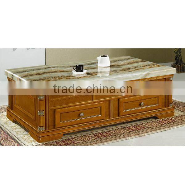 Antique wooden coffee table with marble top
