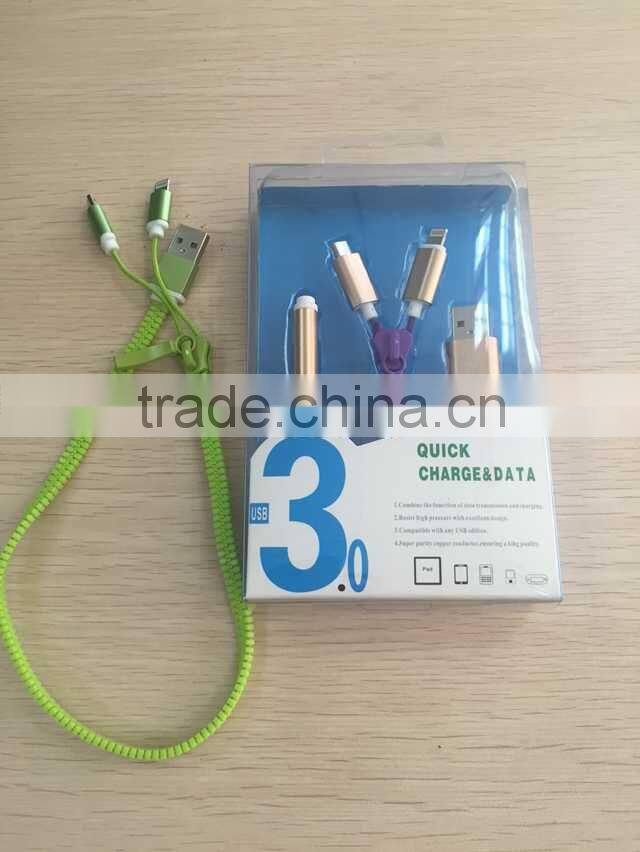 High quality charging and data sync 2 in 1 zipper USB cable