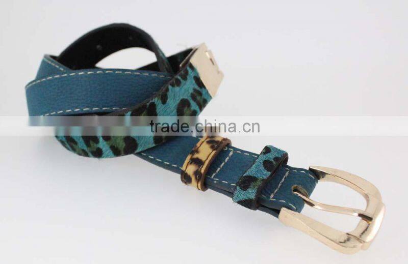 2015 Plain bule fashion pu women jeans belt with leopard point leather in YiWu