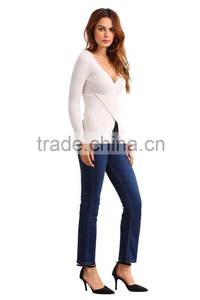 garment factory in china plain v-neck low neckline front split long sleeve skinny sweater women 2016
