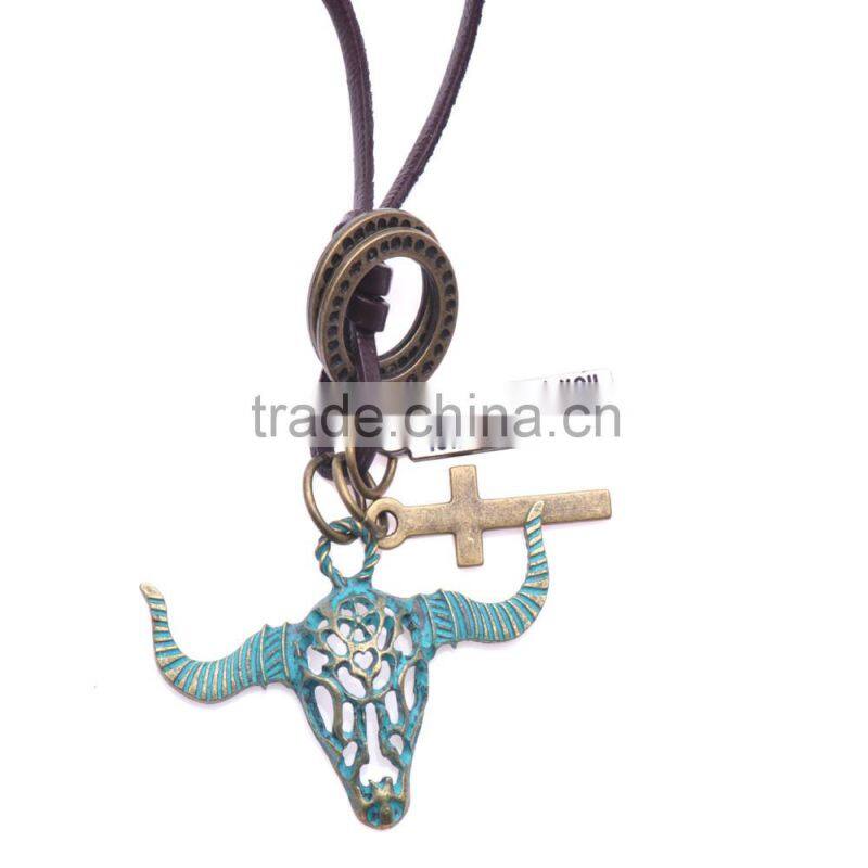 Vintage Genuine Leather Necklace with Bronze Green Hollow Bull Head Pendant.