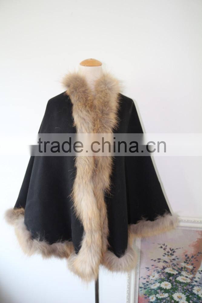 Graceful Natural Raccoon Fur Edge Cashmere Shawl Winter Fur Trim Pushmina Like Poncho Cape