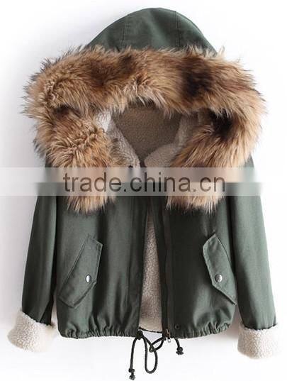 green faux Fur Hooded Long Sleeve Drawstring Coat women parka coat