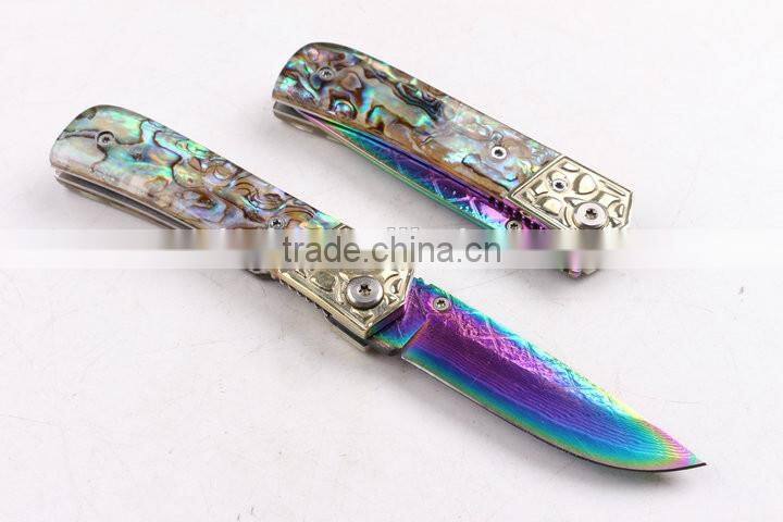 OEM Damascus blade material Silk color Abalone handle folding knife
