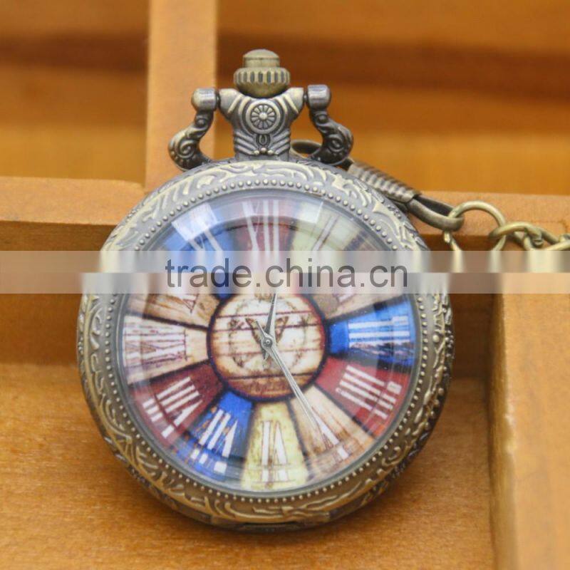Retro Blue Roman Number Dial Glass Window Pocket Watch