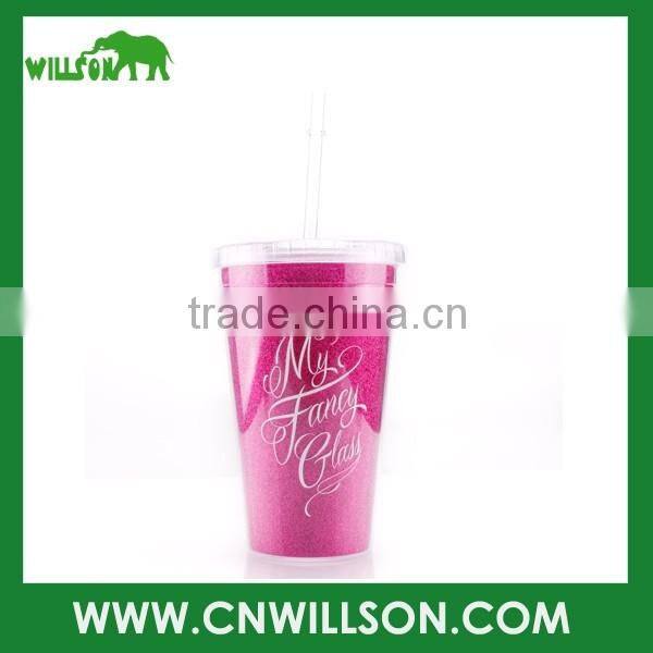 double wall drinking coffee plastic cup with straw