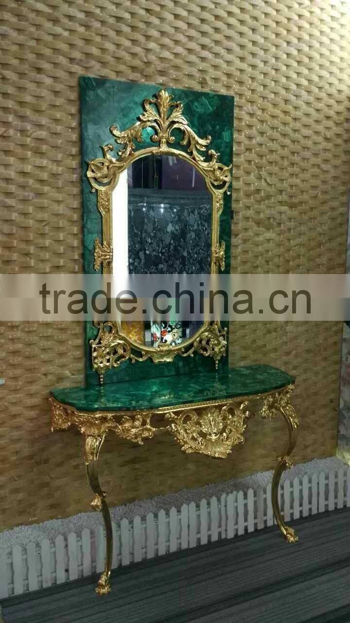 Antique European Wall Mounted Gilt Bronze Malachite Console Table and Mirror Set