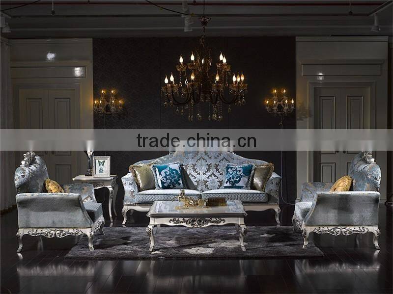 Fontaineblea Elegant Soft Baby Blue Printed Fabric Sectional Sofa Seats