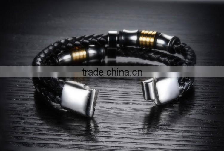 Silver Plated Stainless Steel Charms with Black Leather for Men Magnetic Bracelet