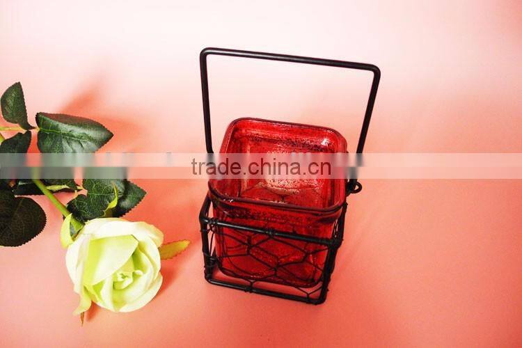 graceful red mercury square glass candle holder with black metal stand