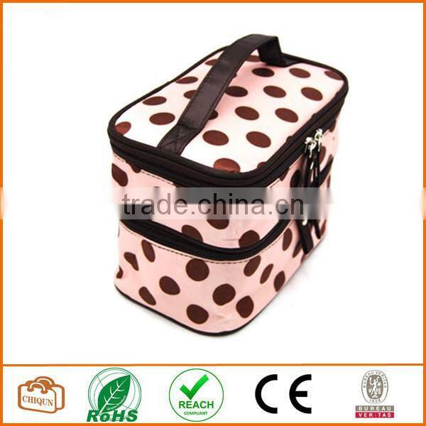 Double Layer Cosmetic Bag Pink with Coffee Dot Travel Toiletry Cosmetic Makeup Bag Organizer With Mirror