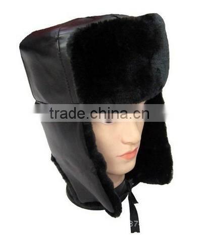 Winter hat with earflaps crazy faux fur leather trapper hat