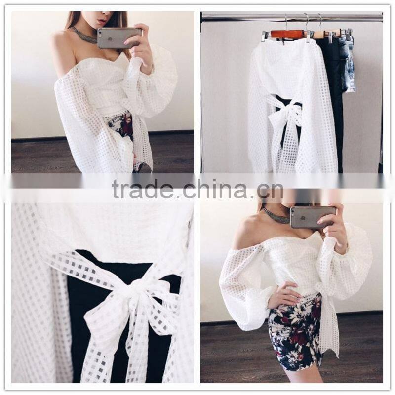 Ladies Sexy Slim Off Shoulder Blouses White Oversize Lantern Sleeve Belted Eyelet Top Blouse