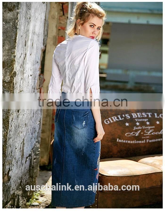 european style ladies front split embroidered long denim skirts