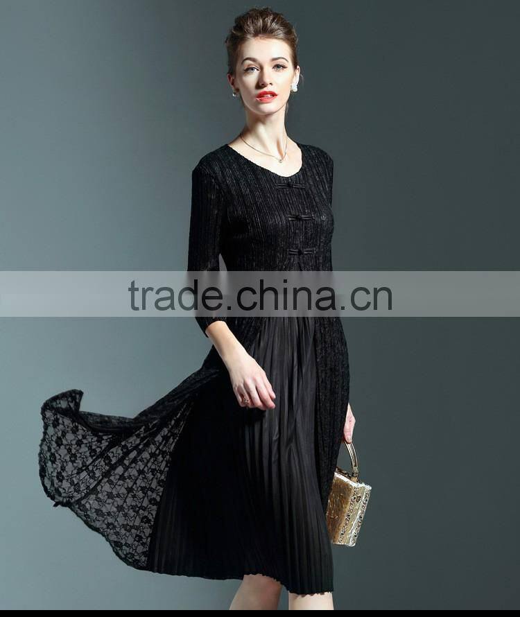 Chinoiserie ladies pleat fake two pieces lace spliced dress