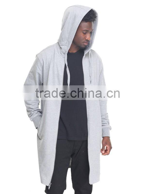 pouch pockets Full front zip up closure Elongated design men's coat with adjustable hooded drawstring Zipper long coat