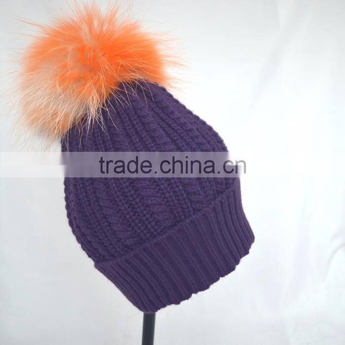 Myfur Popular New Cable Woolen Knitted Hat with Raccoon Pom Pom Top
