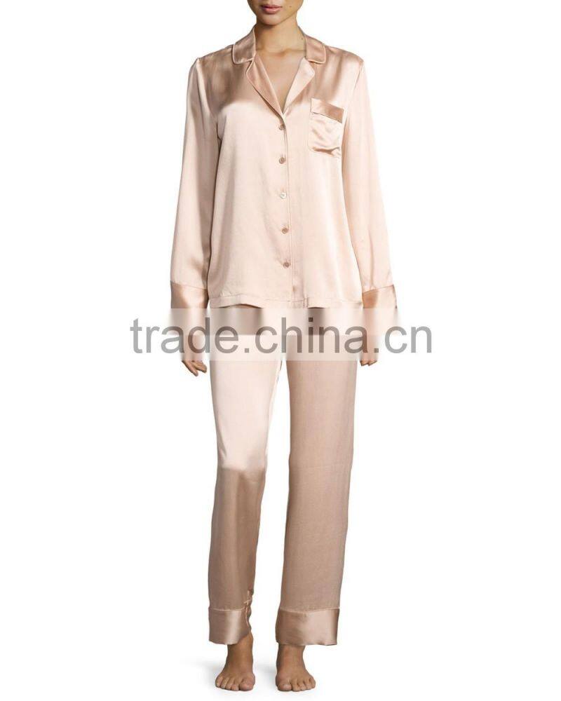 Highest quality ladies elegant night sleeping shirts and pants wear stain long sleeves pajamas set wholesale