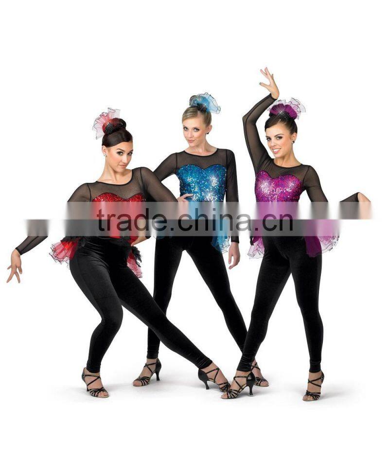New arrival tap and jazz costumes- sequin leotard black long pants costumes with short skirts