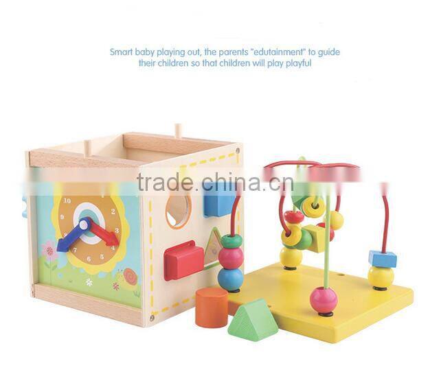 Wooden children's puzzle toy multifunction round bead box clock time cognition toys for kids