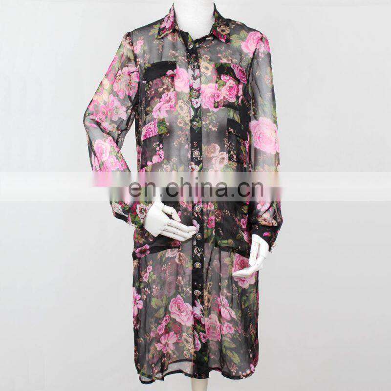 Transparent flower printing sexy lady apparel shirts 2015 woman
