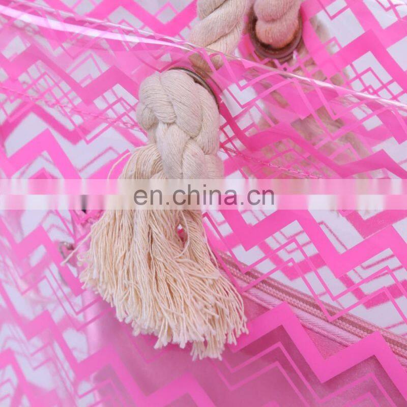 Pink Cotton Handle Weave Pattern Women Shoulder Tote Bag