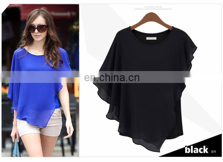 chiffon sheer short sleeved blouse floaty trendy cropped tops cowl neck blouse Irregular flounced blouse