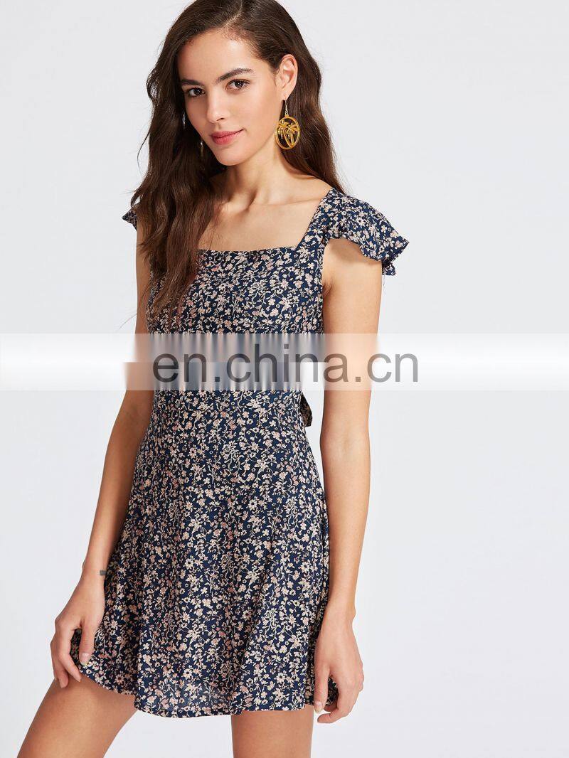 Florals Square Neck Criss Cross Bow Tie Back Beach Dress Sexy Model Hot Photos