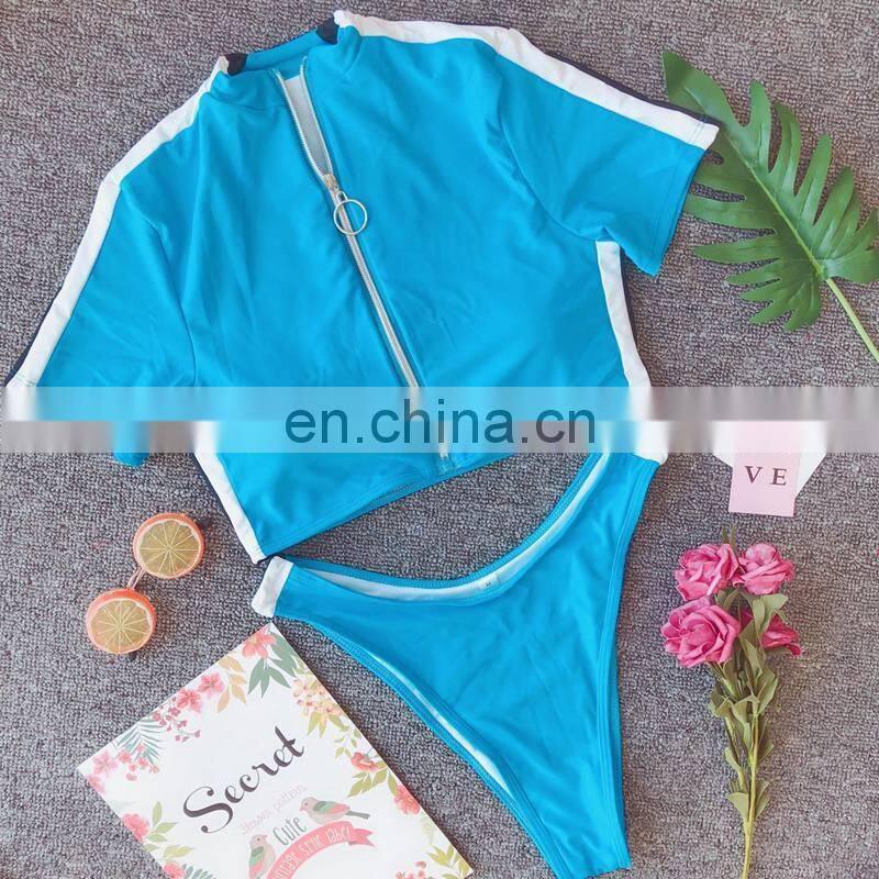 Seven-colour 2019 new high waist bikini deep v blue bikini zipper short sleeve women split 2 piece swimsuit fitness women A135